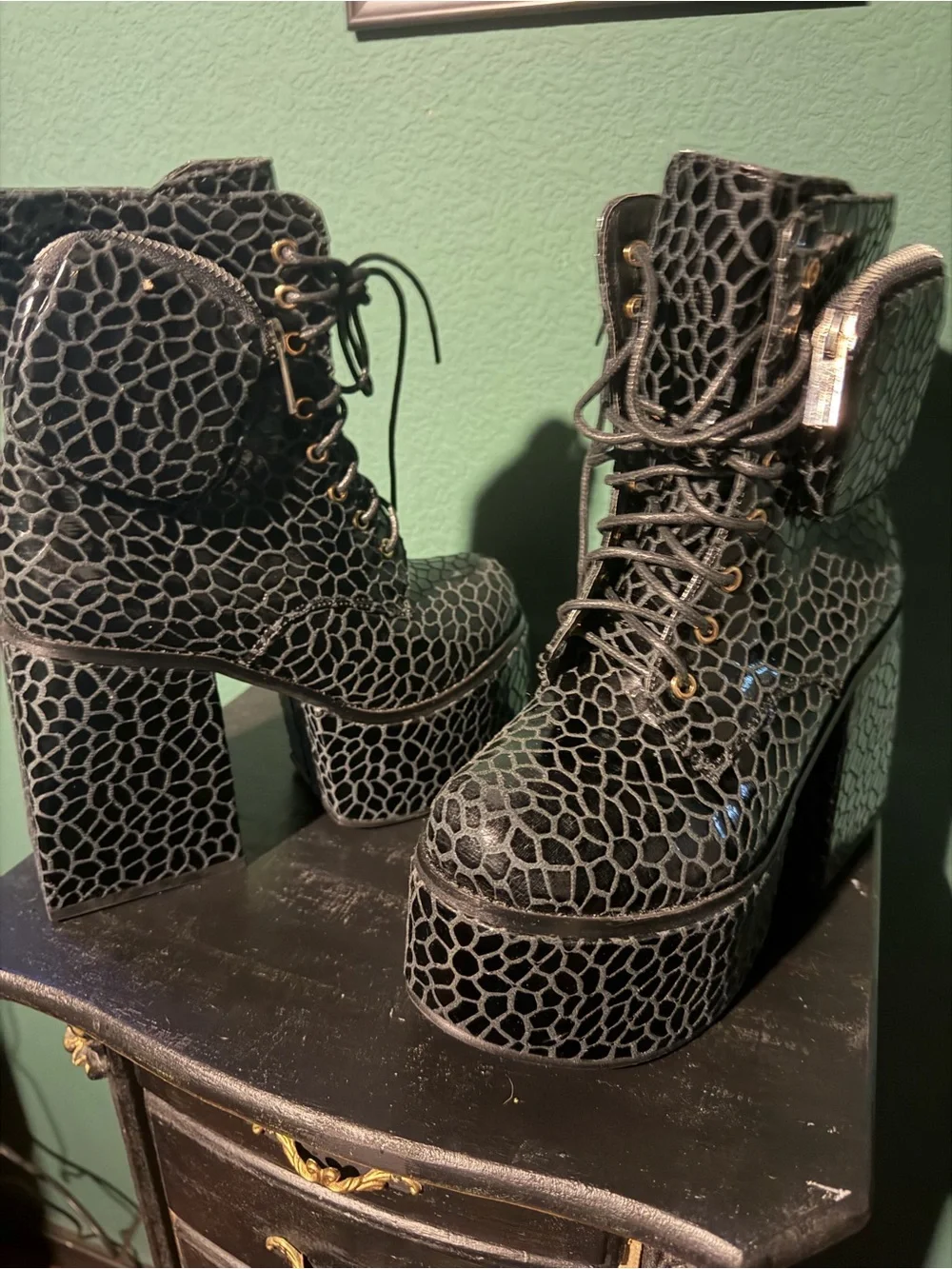 Platform Lace-Up Ankle Boots in Black Croc
